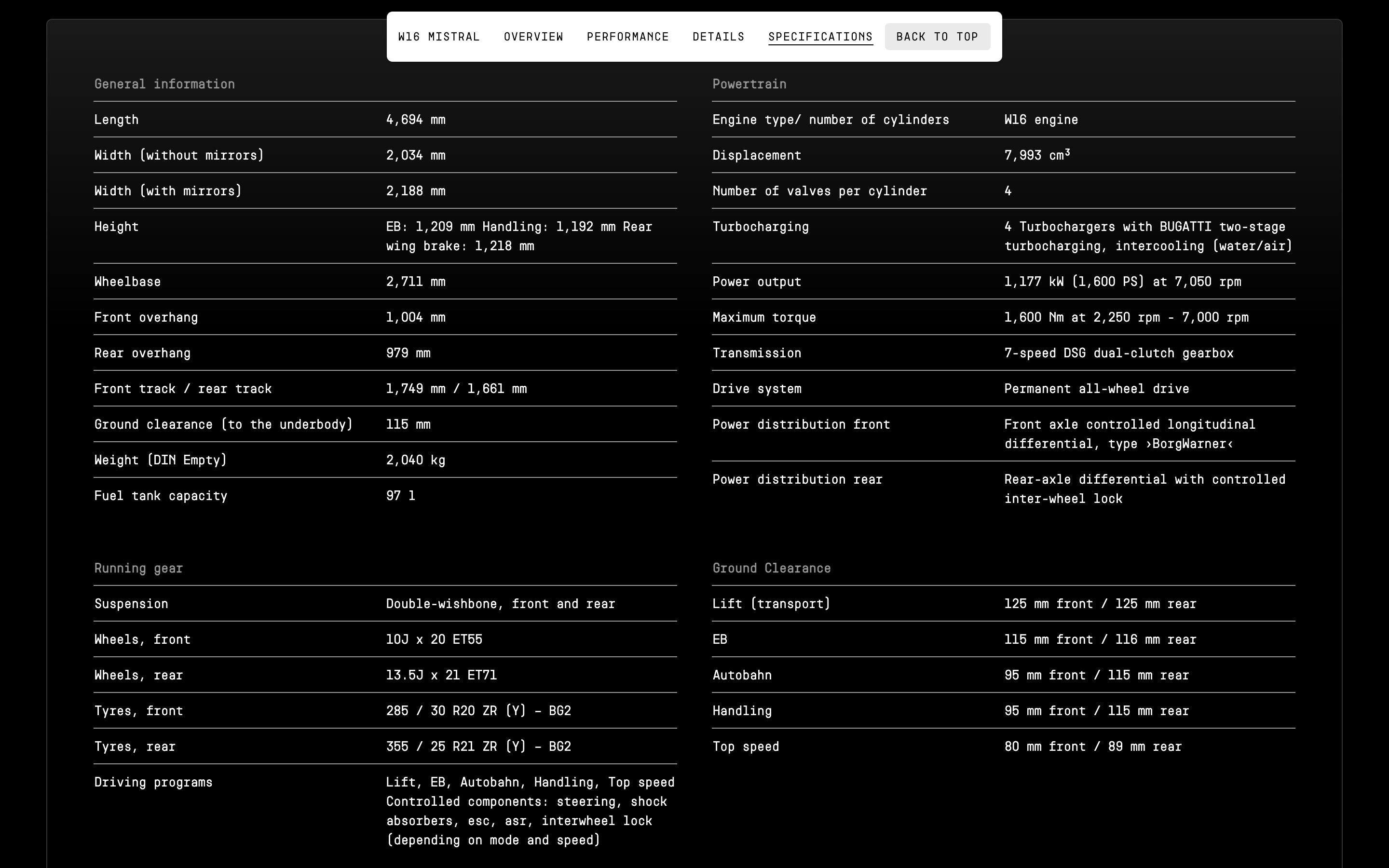 Bugatti Details Specifications 2